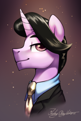 Size: 2000x3000 | Tagged: safe, artist:jedayskayvoker, imported from derpibooru, oc, oc:kid charlemagne, pony, bust, clothes, colored, colored sketch, elegant, eyebrows, full color, gradient background, headshot commission, icon, looking at you, male, necktie, portrait, profile, shiny, shirt, sketch, smiling, smiling at you, solo, sparkles, stallion