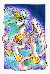 Size: 1791x2684 | Tagged: safe, artist:dandy, imported from derpibooru, princess celestia, alicorn, pony, copic, crown, ear fluff, female, flying, high res, hoof shoes, horn, jewelry, looking at you, mare, regalia, slim, smiling, solo, spread wings, stars, traditional art, wings