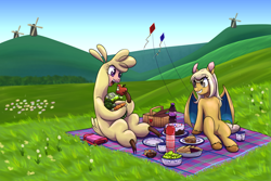 Size: 2400x1600 | Tagged: safe, artist:redahfuhrerking, imported from derpibooru, oc, oc:misty tailwind, alpaca, bat pony, pony, them's fightin' herds, apple, basket, cake, carrot, chocolate, commission, community related, female, food, kite, mare, paprika (tfh), picnic, picnic basket, pie, soda, windmill