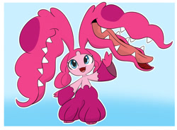 Size: 1280x944 | Tagged: safe, artist:dendollae, imported from derpibooru, pinkie pie, mawile, crossover, cute, diapinkes, female, mega mawile, open mouth, open smile, pokefied, pokémon, smiling, solo, waving