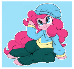 Size: 1280x1204 | Tagged: safe, artist:dendollae, imported from derpibooru, pinkie pie, earth pony, pony, beanie, clothes, female, hat, looking up, mare, pants, sitting, smiling, solo, sweater