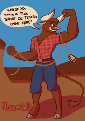 Size: 1900x2700 | Tagged: safe, artist:nokami-wolfdog, imported from derpibooru, anthro, bull, unguligrade anthro, them's fightin' herds, bell, belt, clothes, cloven hooves, community related, cowbell, denim, flannel, flannel shirt, flexing, jeans, male, muscles, muscular male, palindrome get, pants, signature, smiling, solo, talking to viewer, texas (tfh)