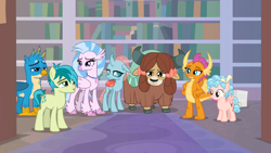 Size: 1600x900 | Tagged: safe, imported from derpibooru, screencap, cozy glow, gallus, ocellus, sandbar, silverstream, smolder, yona, changedling, changeling, classical hippogriff, dragon, earth pony, griffon, hippogriff, pegasus, pony, yak, what lies beneath, bags under eyes, bookshelf, bow, cloven hooves, colored hooves, cozybetes, cute, diaocelles, diastreamies, female, filly, foal, gallabetes, hair bow, hand on hip, jewelry, lidded eyes, monkey swings, necklace, sandabetes, smolderbetes, student six, teenager, tired, yonadorable