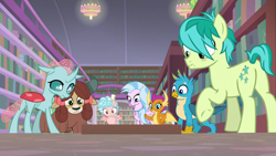 Size: 1278x720 | Tagged: safe, imported from derpibooru, screencap, cozy glow, gallus, ocellus, sandbar, silverstream, smolder, yona, changedling, changeling, classical hippogriff, dragon, earth pony, griffon, hippogriff, pegasus, pony, yak, what lies beneath, bookshelf, bow, butt, female, filly, foal, hair bow, hand on hip, jewelry, monkey swings, necklace, plot, student six, teenager, tired
