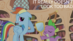 Size: 1920x1080 | Tagged: safe, edit, edited screencap, editor:quoterific, imported from derpibooru, screencap, rainbow dash, spike, dragon, pegasus, pony, it's about time, season 2, duo, female, golden oaks library, male, mare, mirror