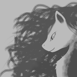 Size: 1280x1280 | Tagged: safe, artist:yerwarrior, imported from derpibooru, oc, oc only, oc:cassie, earth pony, pony, earth pony oc, female, flowing mane, gray background, grayscale, mare, monochrome, rule 63, side view, simple background, smiling, solo