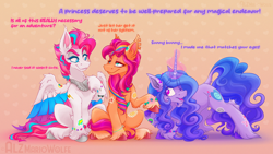 Size: 4644x2612 | Tagged: safe, artist:alzmariowolfe, imported from derpibooru, izzy moonbow, sunny starscout, zipp storm, earth pony, pegasus, pony, unicorn, abstract background, belly, bracelet, chest fluff, colored, colored wings, concave belly, dialogue, ear fluff, female, g5, glowing, glowing horn, gradient hooves, hoof fluff, horn, izzyscout, izzyzipp, jewelry, leg fluff, lesbian, lgbt, magic, mare, multicolored wings, ot3, partially open wings, peytral, physique difference, polyamory, raised hoof, shipping, slim, smiling, sticker, stormstarbow, sunnyzipp, talking, thin, trio, unshorn fetlocks, wing fluff, wings