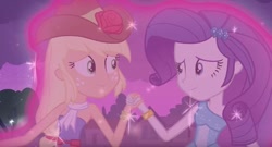 Size: 748x403 | Tagged: safe, imported from derpibooru, screencap, applejack, rarity, human, equestria girls, equestria girls (movie), bare shoulders, duo, duo female, fall formal outfits, female, looking at each other, looking at someone, sleeveless
