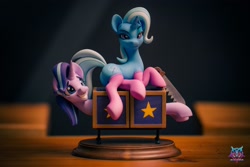 Size: 3000x2000 | Tagged: safe, artist:shuxer59, imported from derpibooru, starlight glimmer, trixie, pony, unicorn, box, box sawing trick, butt, clothes, craft, female, figurine, grin, magic trick, mare, nervous, photo, plot, saw, sculpture, smiling, socks, stockings, thigh highs
