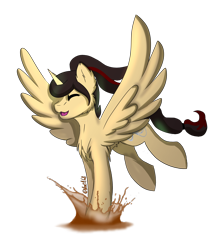 Size: 1534x1835 | Tagged: safe, artist:noxi1_48, imported from derpibooru, oc, oc only, oc:eternal light, alicorn, pony, alicorn oc, eyes closed, horn, jumping, male, open mouth, ponytail, puddle, signature, simple background, solo, splash, spread wings, stallion, tail, transparent background, two toned mane, two toned tail, wings