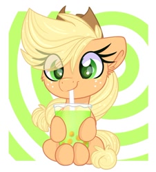 Size: 822x909 | Tagged: safe, artist:lbrcloud, imported from derpibooru, part of a set, applejack, pegasus, pony, abstract background, bubble tea, cute, drink, drinking, drinking straw, jackabetes, smiling, solo, straw