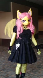 Size: 800x1440 | Tagged: safe, artist:bramble bunny, imported from derpibooru, fluttershy, anthro, bat pony, bronycon, bronycon 2018, bat ponified, clothes, cosplay, costume, fishnets, flutterbat, irl, photo, race swap, solo