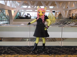 Size: 4608x3456 | Tagged: safe, artist:bramble bunny, imported from derpibooru, fluttershy, anthro, bat pony, human, bronycon, bronycon 2018, baltimore convention center, bat ponified, boots, clothes, cosplay, costume, fishnets, flutterbat, high heel boots, irl, irl human, photo, race swap, shoes
