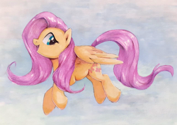 Size: 1280x904 | Tagged: safe, artist:thebowtieone, imported from derpibooru, fluttershy, pegasus, pony, aside glance, female, flying, looking at you, mare, open mouth, open smile, outdoors, profile, smiling, solo, spread wings, traditional art, wings