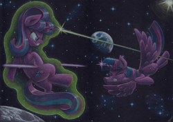 Size: 4930x3490 | Tagged: safe, artist:xeviousgreenii, imported from derpibooru, starlight glimmer, twilight sparkle, alicorn, earth pony, pony, absurd file size, absurd resolution, blast, female, fight, magic, magic blast, mare, space, traditional art, twilight sparkle (alicorn)