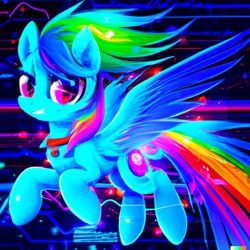 Size: 1024x1024 | Tagged: safe, imported from derpibooru, rainbow dash, pegasus, pony, ai content, ai generated, collar, flying, generator:dall-e 2, looking at you, smiling, solo, spread wings, synthwave, wings