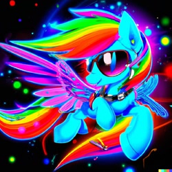 Size: 1024x1024 | Tagged: safe, imported from derpibooru, rainbow dash, pegasus, pony, ai content, ai generated, colored wings, flying, generator:dall-e 2, smiling, solo, spread wings, sunglasses, synthwave, wings