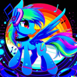 Size: 1024x1024 | Tagged: safe, imported from derpibooru, rainbow dash, pegasus, pony, ai content, ai generated, collar, generator:dall-e 2, headphones, music notes, smiling, solo, spread wings, synthwave, wings