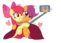 Size: 3158x2222 | Tagged: safe, artist:cheekycheesefan101, artist:idkhesoff, imported from derpibooru, apple bloom, scootaloo, earth pony, pegasus, pony, adorabloom, apple bloom's bow, base used, bow, cape, cellphone, clothes, cute, cutealoo, duo, female, grin, hair bow, heart, hug, lesbian, mare, older, older apple bloom, older scootaloo, phone, scarf, scootabloom, selfie, selfie stick, shared clothing, shared scarf, shipping, simple background, smartphone, smiling, socks, the cmc's cutie marks, transparent background