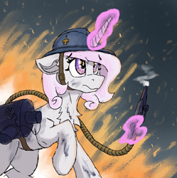 Size: 2348x2360 | Tagged: safe, artist:reddthebat, imported from derpibooru, fleur-de-lis, pony, unicorn, female, fire, flamethrower, helmet, horn, magic, mare, solo, telekinesis, weapon, world war i