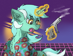 Size: 2412x1844 | Tagged: safe, artist:reddthebat, imported from derpibooru, lyra heartstrings, pony, unicorn, clothes, desert eagle, female, gun, handgun, hawaiian shirt, horn, magic, mare, pistol, retrowave, shirt, smoke, solo, sternocleidomastoid, synthwave, telekinesis, weapon