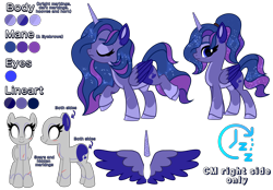 Size: 7175x5000 | Tagged: safe, artist:dancingkinfiend, derpibooru exclusive, imported from derpibooru, oc, oc only, oc:lunartwinkle, alicorn, pony, alicorn oc, blue fur, blue mane, coat markings, colored ears, colored wings, cut, cutie mark, eyebrows, eyes closed, female, folded wings, frown, g4, grey fur, hairband, high res, hooves, horn, mare, multicolored hair, multicolored tail, multicolored wings, ponytail, purple mane, raised hoof, reference sheet, scar, simple background, socks (coat markings), solo, sparkly mane, spread wings, tail, transparent background, wavy hair, wavy mane, wavy tail, wings