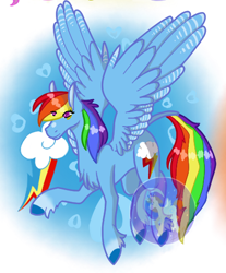 Size: 411x497 | Tagged: safe, artist:luna_mcboss, imported from derpibooru, rainbow dash, pegasus, pony, blue background, blue coat, chest fluff, coat markings, cutie mark, facial markings, feathered wings, female, fetlock tuft, floating, flying, hooves, long legs, long tail, magenta eyes, multicolored hair, rainbow hair, raised hoof, simple background, socks (coat markings), solo, spread wings, star (coat marking), tail, watermark, wings