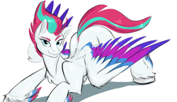 Size: 1530x882 | Tagged: safe, artist:testostepone, imported from derpibooru, zipp storm, pegasus, pony, colored sketch, confident, dynamic pose, female, g5, looking at you, mare, simple background, smiling, smiling at you, solo, unshorn fetlocks, white background