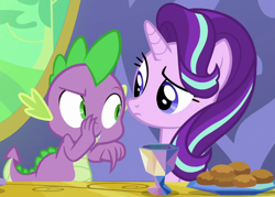 Size: 950x680 | Tagged: safe, imported from derpibooru, screencap, spike, starlight glimmer, dragon, pony, unicorn, triple threat, cropped, duo, female, male, mare, out of context, pointing, raised eyebrow