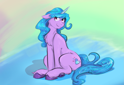 Size: 1255x866 | Tagged: safe, artist:testostepone, imported from derpibooru, izzy moonbow, pony, unicorn, abstract background, colored sketch, female, g5, mare, smiling, solo, unshorn fetlocks