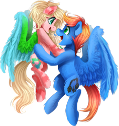 Size: 1800x1900 | Tagged: safe, artist:meotashie, imported from derpibooru, oc, oc only, pegasus, pony, cute, duo, female, happy, male, oc x oc, open mouth, pegasus oc, shipping, simple background, straight, transparent background