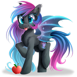 Size: 1900x1900 | Tagged: safe, artist:meotashie, imported from derpibooru, oc, oc only, bat pony, pony, apple, bat pony oc, concave belly, female, fluffy, food, raised hoof, raised leg, simple background, slim, solo, thin, tongue out, transparent background