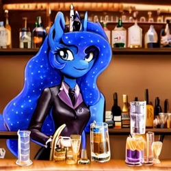 Size: 512x512 | Tagged: safe, imported from derpibooru, princess luna, alicorn, anthro, ai content, ai generated, alcohol, clothes, looking at you, smiling, solo, suit