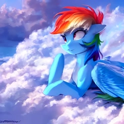 Size: 1024x1024 | Tagged: safe, imported from derpibooru, rainbow dash, pegasus, pony, :3, ai content, ai generated, cloud, female, generator:stable diffusion, lying down, lying on a cloud, mare, on a cloud, smiling, solo
