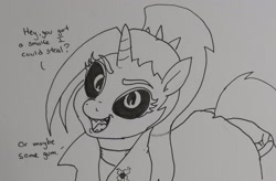 Size: 2048x1344 | Tagged: safe, artist:pony quarantine, imported from derpibooru, oc, oc only, oc:dyx, alicorn, pony, black sclera, dialogue, female, filly, foal, grayscale, monochrome, open mouth, requested art, solo, talking to viewer, traditional art