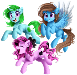 Size: 2000x1950 | Tagged: safe, artist:meotashie, imported from derpibooru, oc, oc only, earth pony, pegasus, pony, unicorn, concave belly, earth pony oc, female, horn, open mouth, pegasus oc, simple background, slim, smiling, thin, transparent background, trio, unicorn oc