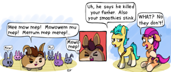 Size: 2115x894 | Tagged: safe, artist:ebbysharp, imported from derpibooru, hitch trailblazer, sunny starscout, earth pony, pony, rabbit, :3, :o, >:), animal, blaze (coat marking), coat markings, cross-popping veins, dialogue, exclamation point, facial markings, fangs, female, floppy ears, funny, g5, implied argyle starshine, male, marcel, mare, my little pony: a maretime bay adventure, offended, open mouth, open smile, smiling, socks (coat markings), speech bubble, stallion, tongue out