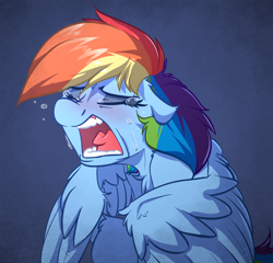 Size: 2424x2328 | Tagged: safe, artist:witchtaunter, imported from derpibooru, rainbow dash, pegasus, pony, chest fluff, crying, ear fluff, eyebrows, eyebrows visible through hair, eyes closed, female, floppy ears, frown, gradient background, high res, mare, open mouth, partially open wings, sad, screaming, solo, teary eyes, teeth, wings