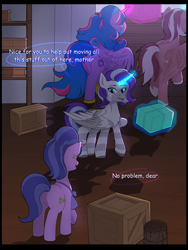 Size: 6000x8000 | Tagged: safe, artist:sinrinf, imported from derpibooru, cookie crumbles, oc, oc:king speedy hooves, oc:princess mythic majestic, oc:queen galaxia (bigonionbean), alicorn, pony, unicorn, alicorn oc, boxes, comic, comic sans, commission, commissioner:bigonionbean, fusion, fusion:big macintosh, fusion:flash sentry, fusion:princess cadance, fusion:princess celestia, fusion:princess luna, fusion:shining armor, fusion:trouble shoes, fusion:twilight sparkle, glowing, glowing horn, horn, wings