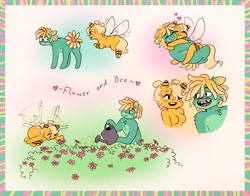 Size: 2048x1604 | Tagged: safe, artist:katputze, imported from derpibooru, oc, oc only, oc:bee, oc:flower, anthro, bee pony, earth pony, original species, pony, bad teeth, butt, eyes on the prize, female, floating heart, flower, flying, heart, hug, looking back, male, mare, oc x oc, open mouth, open smile, plot, shipping, smiling, stallion, tongue out, watering can