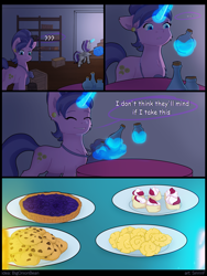 Size: 6000x8000 | Tagged: safe, artist:sinrinf, imported from derpibooru, cookie crumbles, oc, oc:princess mythic majestic, alicorn, pony, unicorn, alicorn oc, blueberry pie (food), commission, commissioner:bigonionbean, cookie, food, glowing, glowing horn, horn, pie, potion, wings