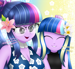 Size: 1300x1200 | Tagged: safe, artist:aryatheeditor, imported from derpibooru, sci-twi, twilight sparkle, oc, oc:nightfall sparkle, human, equestria girls, ^^, beautiful, breasts, busty sci-twi, busty twilight sparkle, clothes, cute, cutie mark, cutie mark on clothes, daughter, digital art, dress, element of magic, eyes closed, female, flower, flower in hair, geode of telekinesis, glasses, head pat, headcanon, magical geodes, milf, mother and child, mother and daughter, outfit, parent:sci-twi, pat, powerful sparkle, purple hair, sleeveless, sleeveless dress, smiling, twiabetes