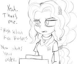 Size: 2400x2000 | Tagged: safe, artist:datte-before-dawn, adagio dazzle, equestria girls, cash register, cashier, dialogue, female, mcdonald's, monochrome, solo