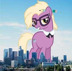 Size: 2048x2017 | Tagged: safe, artist:jaredking779, artist:sofunnyguy, imported from derpibooru, grace manewitz, earth pony, pony, california, female, giant pony, giant/macro earth pony, giantess, glasses, grin, high res, highrise ponies, irl, looking at you, los angeles, macro, mare, mega giant, pencil, photo, ponies in real life, smiling, solo