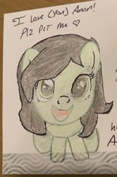 Size: 1651x2491 | Tagged: safe, artist:anonymous, imported from twibooru, oc, oc:filly anon, pony, (you), female, filly, image, looking at you, needs more jpeg, sitting, solo, traditional art