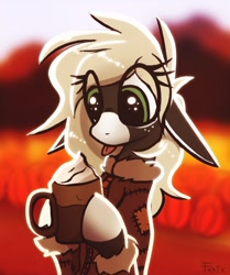Size: 840x1006 | Tagged: safe, artist:fenixdust, oc, oc only, earth pony, pony, chocolate, clothes, coat, female, food, hot chocolate, mare, sitting, tongue out