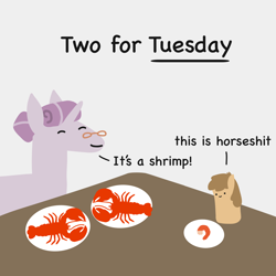 Size: 2048x2048 | Tagged: safe, artist:2merr, oc, oc only, oc:tuesday, oc:twosday, lobster, pony, shrimp, unicorn, :), blob ponies, dialogue, dot eyes, drawthread, duo, duo female, female, food, glasses, mare, meat, plate, ponies eating meat, pun, red lobster, restaurant, seafood, simple background, smiley face, smiling, table, vulgar, weekday ponies