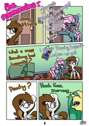 Size: 1507x2128 | Tagged: safe, artist:lou, oc, oc only, pegasus, pony, unicorn, comic:the roomates, blushing, comic, eyes closed, female, looking back, mare, open mouth, talking