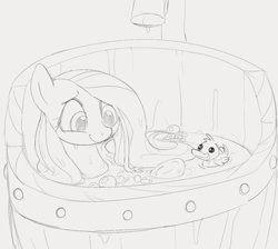 Size: 825x738 | Tagged: safe, artist:dotkwa, fluttershy, pony, bath, female, mare, monochrome, rubber duck, smiling, water