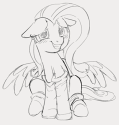 Size: 694x729 | Tagged: safe, artist:dotkwa, fluttershy, pegasus, pony, blushing, clothes, female, mare, monochrome, simple background, sitting, smiling, socks, spread wings, wings